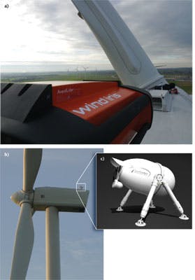 FIGURE 3. Nacelle-mounted Wind Iris (a; Courtesy of Avent Lidar Technology) and Vindicator (b and c; Courtesy of Catch the Wind) are pulsed-Doppler lidar systems that use a pulsed source and fixed-optics design to gather wind speed and direction at multiple ranges.