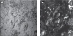FIGURE 2. Defects are visible as darker regions in band-to-band photoluminescence (PL) images of mc-Si wafers (a). In defect-band PL images of mc-Si wafers, the defects are visible as high-intensity regions (b). FIGURE 2. Defects are visible as darker regions in band-to-band photoluminescence (PL) images of mc-Si wafers (a). In defect-band PL images of mc-Si wafers, the defects are visible as high-intensity regions (b).