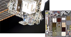 FIGURE 4. The MISSE 7 experiment on the International Space Station was photographed by a space-walking STS-129 astronaut. The experiments expose materials and composite optical and electronic samples (inset) to the external environment; the materials&mdash;including solar cells, optics with coatings, sensors, electronics, and structural and protective materials&mdash;are evaluated both in situ and after exposure using a variety of instruments such as BLUE-Wave spectrometers.