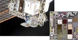 FIGURE 4. The MISSE 7 experiment on the International Space Station was photographed by a space-walking STS-129 astronaut. The experiments expose materials and composite optical and electronic samples (inset) to the external environment; the materials—including solar cells, optics with coatings, sensors, electronics, and structural and protective materials—are evaluated both in situ and after exposure using a variety of instruments such as BLUE-Wave spectrometers. FIGURE 4. The MISSE 7 experiment on the International Space Station was photographed by a space-walking STS-129 astronaut. The experiments expose materials and composite optical and electronic samples (inset) to the external environment; the materials—including solar cells, optics with coatings, sensors, electronics, and structural and protective materials—are evaluated both in situ and after exposure using a variety of instruments such as BLUE-Wave spectrometers.