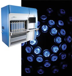 ASE Optics worked with Rapid Micro Biosystems on the microscopy system for its Growth Direct System (inset) to efficiently capture fluorescence light resulting from rings of blue LEDs illuminating the sample. ASE Optics worked with Rapid Micro Biosystems on the microscopy system for its Growth Direct System (inset) to efficiently capture fluorescence light resulting from rings of blue LEDs illuminating the sample.