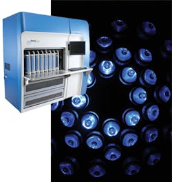 ASE Optics worked with Rapid Micro Biosystems on the microscopy system for its Growth Direct System (inset) to efficiently capture fluorescence light resulting from rings of blue LEDs illuminating the sample.