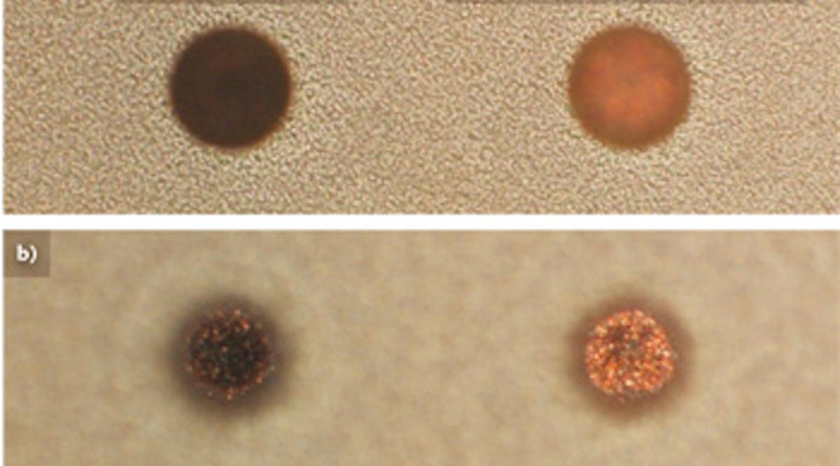 FIGURE 1. ABF surface view (a) and copper substrate view (b) of ~60-&mu;m-diameter PCB blind vias in GX series buildup film. Optimized process with short-nanosecond pulses leaves copper surface suitable for plating.
