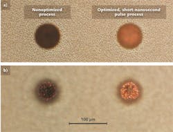 FIGURE 1. ABF surface view (a) and copper substrate view (b) of ~60-μm-diameter PCB blind vias in GX series buildup film. Optimized process with short-nanosecond pulses leaves copper surface suitable for plating. FIGURE 1. ABF surface view (a) and copper substrate view (b) of ~60-μm-diameter PCB blind vias in GX series buildup film. Optimized process with short-nanosecond pulses leaves copper surface suitable for plating.
