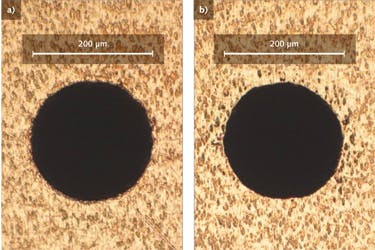 FIGURE 2. Entrance (a) and exit (b) surfaces of high-aspect-ratio, 200-&mu;m-diameter laser-drilled via in 2.3-mm-thick copper clad FR4 board; drill rate is greater than 10 vias/s.