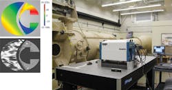 FIGURE 3. Zygo DynaFiz dynamic interferometer setup at a wind tunnel; a part is in the wind tunnel with a reference flat on the other side. Using dynamic DynaPhase mode, data showing the effect of intense airflow on the part was collected. (Intensity and height maps shown at bottom). FIGURE 3. Zygo DynaFiz dynamic interferometer setup at a wind tunnel; a part is in the wind tunnel with a reference flat on the other side. Using dynamic DynaPhase mode, data showing the effect of intense airflow on the part was collected. (Intensity and height maps shown at bottom).