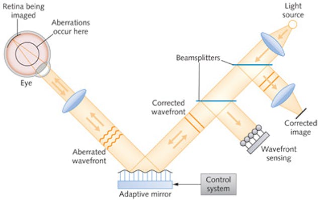 FIGURE 1. Closed-loop adaptive optical system for examining the retina. Light from an external source is focused into the eye where aberrations change the wavefront reflected back into the optical system. Wavefront sensors detect aberrations of the wavefront and adjust the surface of an adaptive mirror to cancel out the aberrations, producing a corrected wavefront that produces high-resolution images.