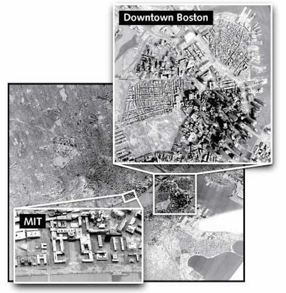 FIGURE 1. A high-resolution infrared image of the greater Boston area was collected at night using a 256 &times; 256 digital-pixel focal plane array. Insets include the Boston Financial District and MIT.
