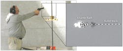 FIGURE 3. The DFPA successfully images a 350 m/s bullet fired from a pistol within a 50 ft range. On-chip processing removes stationary and slowly moving objects and displays high-velocity objects (e.g., the muzzle flash and bullet track) as a striped pattern. FIGURE 3. The DFPA successfully images a 350 m/s bullet fired from a pistol within a 50 ft range. On-chip processing removes stationary and slowly moving objects and displays high-velocity objects (e.g., the muzzle flash and bullet track) as a striped pattern.