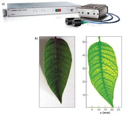 FIGURE 4. a) Toptica Photonics&apos; TeraBeam compact CW terahertz system includes a two-color laser, controller with FPGA, and antenna modules. b) A photo of a coffee leaf (left) is contrasted with a terahertz image (right) obtained with a confocal configuration. Leaf veins are clearly visible in the terahertz image because of the high absorption effect of water.