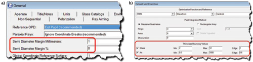 FIGURE 3. When designing aspheres, always add extra margin to the computed apertures (a) and thickness parameters (b) via the software to make mounting and handling easier.