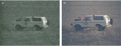 FIGURE 2. A truck with a red gas can and a blue duffel bag on the hood is imaged with conventional CCD (a) and a FLIR Tau CNV sCMOS imager (b) in deep-twilight conditions.
