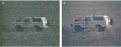 FIGURE 2. A truck with a red gas can and a blue duffel bag on the hood is imaged with conventional CCD (a) and a FLIR Tau CNV sCMOS imager (b) in deep-twilight conditions. FIGURE 2. A truck with a red gas can and a blue duffel bag on the hood is imaged with conventional CCD (a) and a FLIR Tau CNV sCMOS imager (b) in deep-twilight conditions.