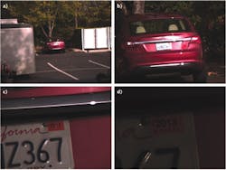 FIGURE 4. Loss of light is obvious when zooming from 135 mm focal length (a) to 500 mm (b), 1000 mm (c), and 2000 mm (d; nearly black). All variables except for f/# due to focal length change were held constant. FIGURE 4. Loss of light is obvious when zooming from 135 mm focal length (a) to 500 mm (b), 1000 mm (c), and 2000 mm (d; nearly black). All variables except for f/# due to focal length change were held constant.
