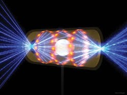 In indirect-drive fusion, laser pulses (blue) enter the open ends of a metal hohlraum and heat its walls (red spots), producing x-rays which evenly illuminate the deuterium-tritium target, heating and compressing it. In indirect-drive fusion, laser pulses (blue) enter the open ends of a metal hohlraum and heat its walls (red spots), producing x-rays which evenly illuminate the deuterium-tritium target, heating and compressing it.