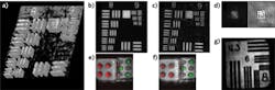FIGURE 2. a) A 3D view of the USAF pattern is composed of a stack of reconstructed FINCH images taken over an axial range of 60 μm. b) A zoomed-in USAF pattern from a full-field standard microscope image is compared to (c) a digitally reconstructed FINCH image of the same USAF pattern. d) Magnitude (left) and phase (right) are shown for the noise-suppressed FINCH generated from 36 raw holograms. A composition of digital reconstructions of three FINCH holograms of red and green fluorescent dice is shown with focus on (e) the front and (f) the back die. g) The corresponding best in-focus reconstructed planes are shown from the noise-suppressed FINCH of image (d). FIGURE 2. a) A 3D view of the USAF pattern is composed of a stack of reconstructed FINCH images taken over an axial range of 60 μm. b) A zoomed-in USAF pattern from a full-field standard microscope image is compared to (c) a digitally reconstructed FINCH image of the same USAF pattern. d) Magnitude (left) and phase (right) are shown for the noise-suppressed FINCH generated from 36 raw holograms. A composition of digital reconstructions of three FINCH holograms of red and green fluorescent dice is shown with focus on (e) the front and (f) the back die. g) The corresponding best in-focus reconstructed planes are shown from the noise-suppressed FINCH of image (d).