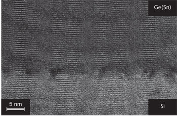 FIGURE 1. Transmission electron microscopy (TEM) images show misfit dislocations at a germanium/tin (Ge/Sn) interface.