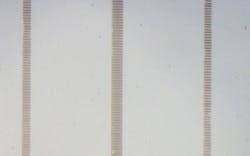 FIGURE 2. Periodically poled waveguides with 3, 4, and 24 μm widths have been poled with a 1.02 μm period by AdvR and used for fifth-order backwards QPM. Backwards second-harmonic generation (SHG) efficiency was measured to be 4%/W/cm2. FIGURE 2. Periodically poled waveguides with 3, 4, and 24 μm widths have been poled with a 1.02 μm period by AdvR and used for fifth-order backwards QPM. Backwards second-harmonic generation (SHG) efficiency was measured to be 4%/W/cm2.