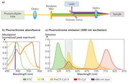 FIGURE 1. a) In a traditional bandpass filter-based fluorochrome assay setup, the fluorochrome absorbance spectra (b; normalized to maximum peak intensity) is overlaid with a 488 nm laser line excitation (purple line). c) The emission spectra for several different fluorochrome types are shown for 488 nm excitation overlaid with a bandpass detection window for the fluorochrome phycoerythrin (PE; gray-dashed box). FIGURE 1. a) In a traditional bandpass filter-based fluorochrome assay setup, the fluorochrome absorbance spectra (b; normalized to maximum peak intensity) is overlaid with a 488 nm laser line excitation (purple line). c) The emission spectra for several different fluorochrome types are shown for 488 nm excitation overlaid with a bandpass detection window for the fluorochrome phycoerythrin (PE; gray-dashed box).