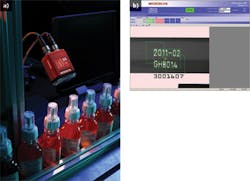 FIGURE 2. Machine vision system solutions in the pharmaceutical industry (a) need to keep up with new trends, such as the incorporation of laser-marked labels on packaging. Software in the Microscan I-PAK system is used to perform a quality check on laser-marked code (b); these systems can also check and grade the quality of 1D and 2D bar codes and data matrix codes.