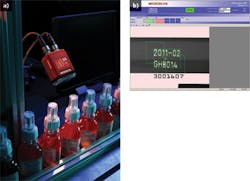 FIGURE 2. Machine vision system solutions in the pharmaceutical industry (a) need to keep up with new trends, such as the incorporation of laser-marked labels on packaging. Software in the Microscan I-PAK system is used to perform a quality check on laser-marked code (b); these systems can also check and grade the quality of 1D and 2D bar codes and data matrix codes. FIGURE 2. Machine vision system solutions in the pharmaceutical industry (a) need to keep up with new trends, such as the incorporation of laser-marked labels on packaging. Software in the Microscan I-PAK system is used to perform a quality check on laser-marked code (b); these systems can also check and grade the quality of 1D and 2D bar codes and data matrix codes.