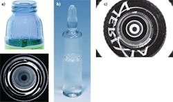 FIGURE 4. Pericentric lenses can image 3D objects using just one camera. Here, defects in bottleneck threads can be detected (a) and glass ampoules&mdash;this one containing the drug Nerixia as labeled&mdash;can be imaged from top to bottom (b and c).