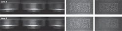 FIGURE 5. Images of 2D codes on pharmaceutical bottles depend heavily on the quality of the optics used. Here, two seemingly identical lenses (Edmund Optics lens at top; competitor&apos;s lens at bottom) with the same resolution produce a very different result as seen in the clarity differences of the center bar code images, and especially for images on the far right side of center.