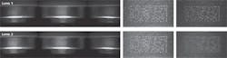 FIGURE 5. Images of 2D codes on pharmaceutical bottles depend heavily on the quality of the optics used. Here, two seemingly identical lenses (Edmund Optics lens at top; competitor's lens at bottom) with the same resolution produce a very different result as seen in the clarity differences of the center bar code images, and especially for images on the far right side of center. FIGURE 5. Images of 2D codes on pharmaceutical bottles depend heavily on the quality of the optics used. Here, two seemingly identical lenses (Edmund Optics lens at top; competitor's lens at bottom) with the same resolution produce a very different result as seen in the clarity differences of the center bar code images, and especially for images on the far right side of center.