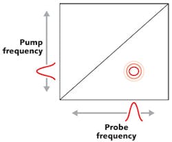 FIGURE 2. The conceptually simplest way to collect a 2D IR spectrum is to scan the frequency of a pump pulse and monitor the change in absorbance of a probe pulse. FIGURE 2. The conceptually simplest way to collect a 2D IR spectrum is to scan the frequency of a pump pulse and monitor the change in absorbance of a probe pulse.