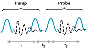 FIGURE 3. Modern 2D IR spectra are usually collected in the time domain by replacing the pump and probe pulses in Fig. 2 with a pair of femtosecond pulses whose bandwidth spans all the vibrational modes of interest. The time delays (t1 and t3) between the pulses are scanned and the data Fourier-transformed. In principle, identical spectra should be obtained with either the frequency of time-domain methods, but in practice femtosecond pulses produce much higher-quality spectra.