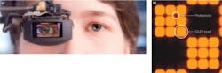 FIGURE 4. Bidirectional OLED-based data eyeglasses allow the user to interact with the Internet or other smart data using 'gaze control' or eye tracking for truly hands-free operation (a). Photodetectors as well as OLED display pixels are integrated onto a CMOS 50% transparent backplane (b) to both display and capture images. FIGURE 4. Bidirectional OLED-based data eyeglasses allow the user to interact with the Internet or other smart data using 'gaze control' or eye tracking for truly hands-free operation (a). Photodetectors as well as OLED display pixels are integrated onto a CMOS 50% transparent backplane (b) to both display and capture images.