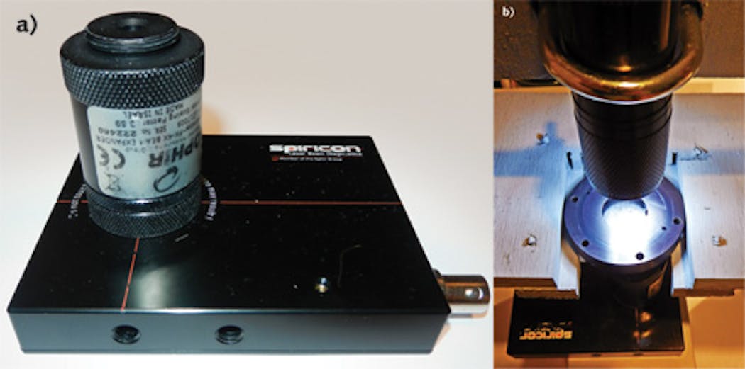 FIGURE 1. A USB camera with a 4X expanding lens (a) is used along with a fixturing assembly (b) to measure the size and shape of holes in a molded device. The fixturing assembly has a vertical light source that illuminates the device being inspected; the USB camera and expansion lens are beneath the device. The holes have a diameter and depth