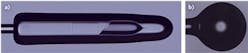 FIGURE 4. Final probe designs could include: a) A complete all-fiber fiberoptic probe with capillary tube encapsulation; b) a fiber probe with a ball lens tip that could be used as a beam deflecting device by replacing the micro-prism if the edge of the ball is polished to flat with a Brewster angle. FIGURE 4. Final probe designs could include: a) A complete all-fiber fiberoptic probe with capillary tube encapsulation; b) a fiber probe with a ball lens tip that could be used as a beam deflecting device by replacing the micro-prism if the edge of the ball is polished to flat with a Brewster angle.