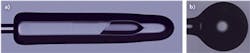 FIGURE 4. Final probe designs could include: a) A complete all-fiber fiberoptic probe with capillary tube encapsulation; b) a fiber probe with a ball lens tip that could be used as a beam deflecting device by replacing the micro-prism if the edge of the ball is polished to flat with a Brewster angle. FIGURE 4. Final probe designs could include: a) A complete all-fiber fiberoptic probe with capillary tube encapsulation; b) a fiber probe with a ball lens tip that could be used as a beam deflecting device by replacing the micro-prism if the edge of the ball is polished to flat with a Brewster angle.