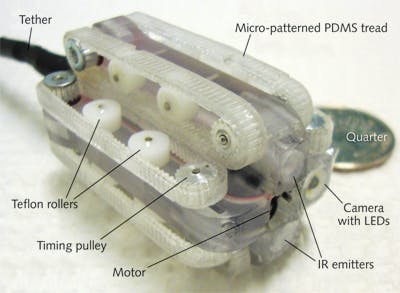 FIGURE 4. A robotic capsule endoscope traverses the GI tract using patterned treads that simulate the action of insect feet.
