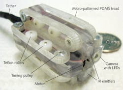 FIGURE 4. A robotic capsule endoscope traverses the GI tract using patterned treads that simulate the action of insect feet. FIGURE 4. A robotic capsule endoscope traverses the GI tract using patterned treads that simulate the action of insect feet.