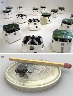 FIGURE 5. Jasmine (a), and I-SWARM (b) microrobots represent different generations of microrobotic design; the microrobots have shrunk in size from 3 cm3 (for Jasmine) down to 3 mm3 (for I-SWARM). FIGURE 5. Jasmine (a), and I-SWARM (b) microrobots represent different generations of microrobotic design; the microrobots have shrunk in size from 3 cm3 (for Jasmine) down to 3 mm3 (for I-SWARM).
