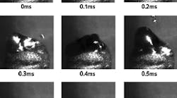FIGURE 1. A sequence of images from the Surfi-sculpt process was shot using a high-speed camera and copper-vapor laser. A 1070 nm laser melts the steel surface and moves the molten material into a column. Significant amounts of light are emitted by the hot plasma surrounding the event, but this is removed by a short camera exposure and suitable bandpass filters.
