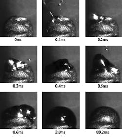 FIGURE 1. A sequence of images from the Surfi-sculpt process was shot using a high-speed camera and copper-vapor laser. A 1070 nm laser melts the steel surface and moves the molten material into a column. Significant amounts of light are emitted by the hot plasma surrounding the event, but this is removed by a short camera exposure and suitable bandpass filters. FIGURE 1. A sequence of images from the Surfi-sculpt process was shot using a high-speed camera and copper-vapor laser. A 1070 nm laser melts the steel surface and moves the molten material into a column. Significant amounts of light are emitted by the hot plasma surrounding the event, but this is removed by a short camera exposure and suitable bandpass filters.