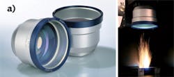 FIGURE 3. A Silverline F-Theta lens (a) has a focal length of 160 mm and a design wavelength range of 1030 nm to 1080 nm, suited for microprocessing applications. The lens can be used in microprocessing metal sheets (b). FIGURE 3. A Silverline F-Theta lens (a) has a focal length of 160 mm and a design wavelength range of 1030 nm to 1080 nm, suited for microprocessing applications. The lens can be used in microprocessing metal sheets (b).