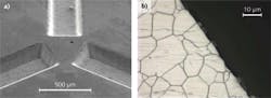 FIGURE 2. Scanning electron microscope images show precision surface grooves (a) milled into stainless steel using an R-100 femtosecond laser; analysis of the steel grain structure (b) of a groove sidewall indicates the absence of a heat-affected zone (HAZ). The dark part of the image is where material has been removed, and the light part is the remaining metal that has been chemically treated to expose the metal&apos;s grain structure, which is unchanged all the way to the edge where the ablation took place.