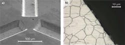 FIGURE 2. Scanning electron microscope images show precision surface grooves (a) milled into stainless steel using an R-100 femtosecond laser; analysis of the steel grain structure (b) of a groove sidewall indicates the absence of a heat-affected zone (HAZ). The dark part of the image is where material has been removed, and the light part is the remaining metal that has been chemically treated to expose the metal's grain structure, which is unchanged all the way to the edge where the ablation took place. FIGURE 2. Scanning electron microscope images show precision surface grooves (a) milled into stainless steel using an R-100 femtosecond laser; analysis of the steel grain structure (b) of a groove sidewall indicates the absence of a heat-affected zone (HAZ). The dark part of the image is where material has been removed, and the light part is the remaining metal that has been chemically treated to expose the metal's grain structure, which is unchanged all the way to the edge where the ablation took place.