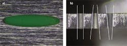FIGURE 4. An elliptical hole (a) and tapered holes (b) drilled with the femtosecond laser-based R-Drill demonstrate enhanced geometrical flexibility.