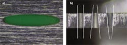 FIGURE 4. An elliptical hole (a) and tapered holes (b) drilled with the femtosecond laser-based R-Drill demonstrate enhanced geometrical flexibility. FIGURE 4. An elliptical hole (a) and tapered holes (b) drilled with the femtosecond laser-based R-Drill demonstrate enhanced geometrical flexibility.