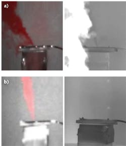 FIGURE 4. The Firefly Imager was compared with a state-of-the-art thermal imager (Firefly images on left side of each of these two comparisons): Simulated leak of pure butane/propane with a thermal confusion in the scene (a); and detection of low-concentration gas leak (4.25% methane) (b). FIGURE 4. The Firefly Imager was compared with a state-of-the-art thermal imager (Firefly images on left side of each of these two comparisons): Simulated leak of pure butane/propane with a thermal confusion in the scene (a); and detection of low-concentration gas leak (4.25% methane) (b).