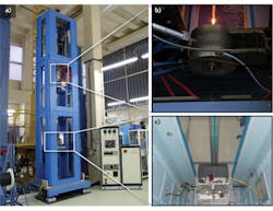 FIGURE 2. A fiber drawing tower at ITME (a) has a high-temperature furnace (b) that melts the glass to produce a coherent fiber bundle (CFB) or fused glass rod (c).