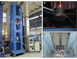 FIGURE 2. A fiber drawing tower at ITME (a) has a high-temperature furnace (b) that melts the glass to produce a coherent fiber bundle (CFB) or fused glass rod (c). FIGURE 2. A fiber drawing tower at ITME (a) has a high-temperature furnace (b) that melts the glass to produce a coherent fiber bundle (CFB) or fused glass rod (c).