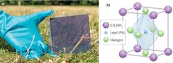 FIGURE 3. A 330 nm film of organo-metal-halide perovskite deposited on a glass sheet, the active part of the new 15% efficient photovoltaic (a). Structural element of the perovskite photovoltaic material, with a lead (Pb) atom at its center, surrounded by CH3NH3 groups and chlorine or iodine (H). This unit cell shares halogen and organic groups groups and a halogen (H), either chlorine or iodine. FIGURE 3. A 330 nm film of organo-metal-halide perovskite deposited on a glass sheet, the active part of the new 15% efficient photovoltaic (a). Structural element of the perovskite photovoltaic material, with a lead (Pb) atom at its center, surrounded by CH3NH3 groups and chlorine or iodine (H). This unit cell shares halogen and organic groups groups and a halogen (H), either chlorine or iodine.