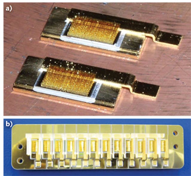 To build a high-power laser diode pumping module, TRUMPF first creates a chip-on-submount (CoS) assembly with the laser diode soldered to the copper-tungsten (CuW) submount and wire-bonded to an electrical n-contact (a); 12 CoS assemblies are then mounted on a common cooler (b).