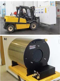 A 100 kW fiber laser has a 0.8 × 3.6 m footprint and is easily transportable (a); the laser system includes a 50-m-long remote-delivery optical fiber. The one power meter that can measure the 100 kW laser’s beam is now a commercial product (b). A 100 kW fiber laser has a 0.8 × 3.6 m footprint and is easily transportable (a); the laser system includes a 50-m-long remote-delivery optical fiber. The one power meter that can measure the 100 kW laser’s beam is now a commercial product (b).